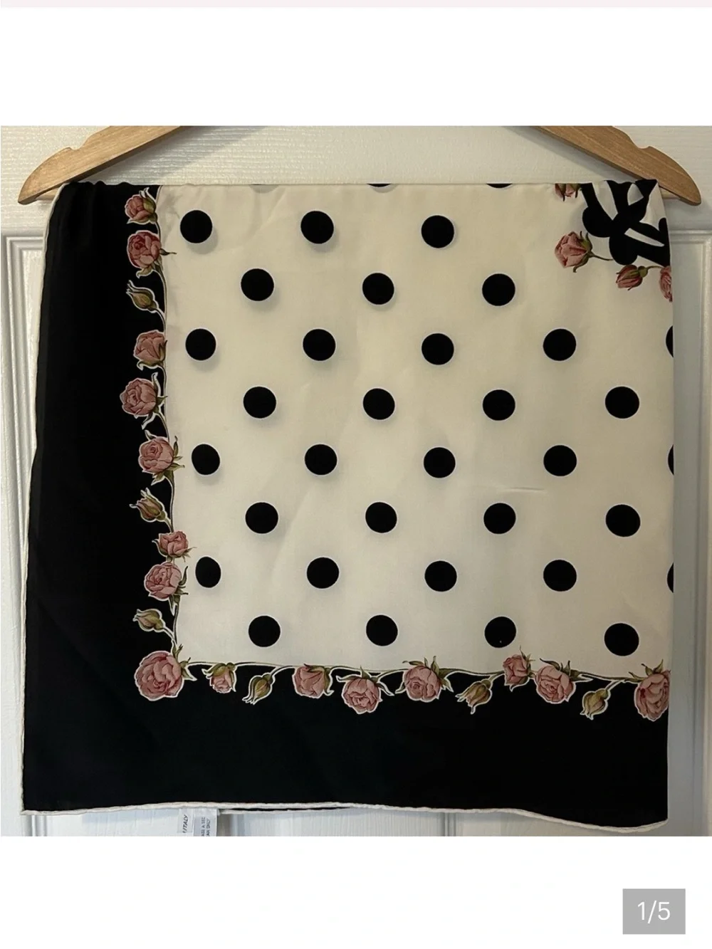 Elegant Dior Black White Polka Dot Silk Scarf with Pink Rose Border ~ Beautiful